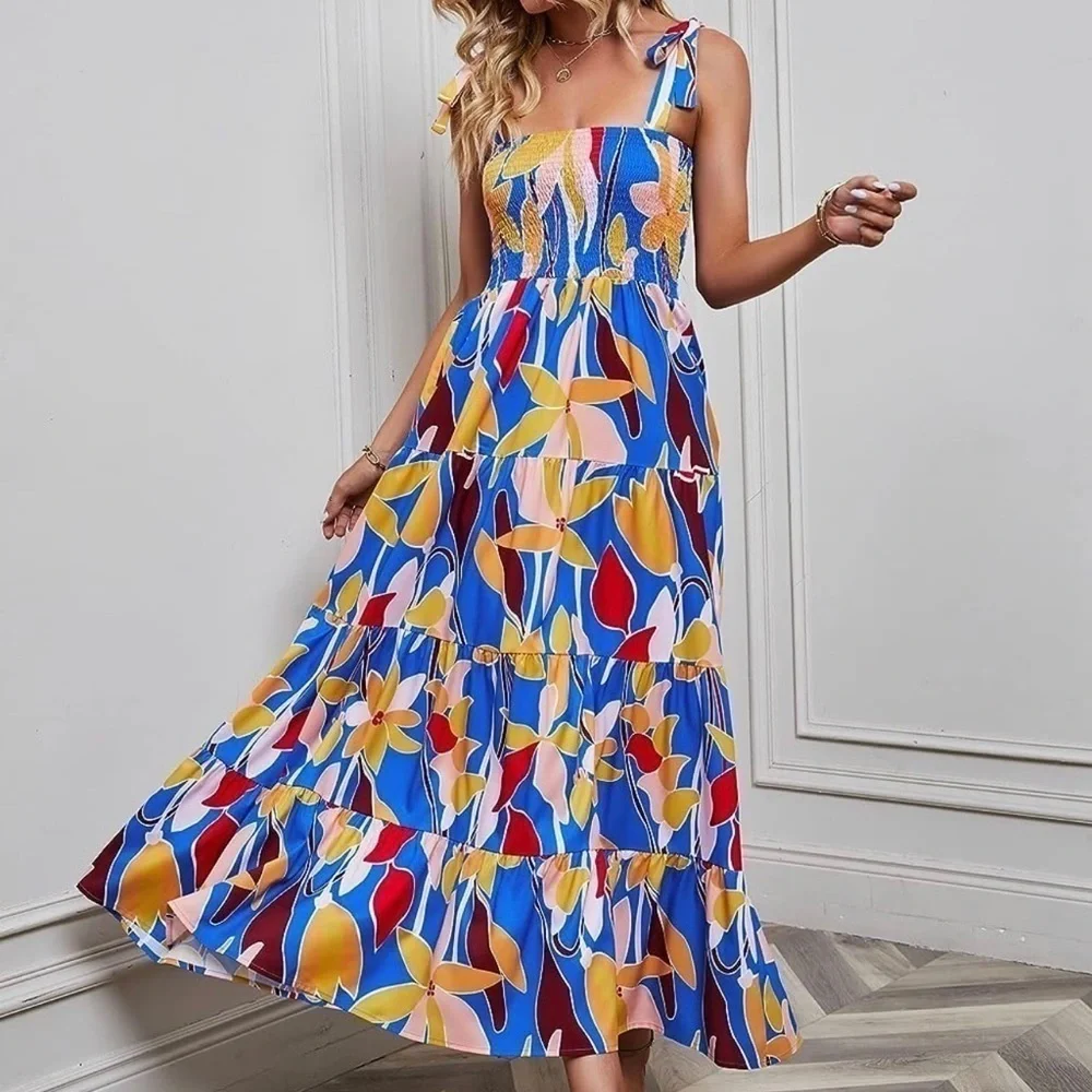Floral Ruffle Maxi Dress With Tie Straps - Picture 6 of 11